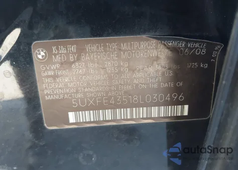 2008 BMW X5 3.0Si from USA, damaged, VIN 5UXFE43518L030496